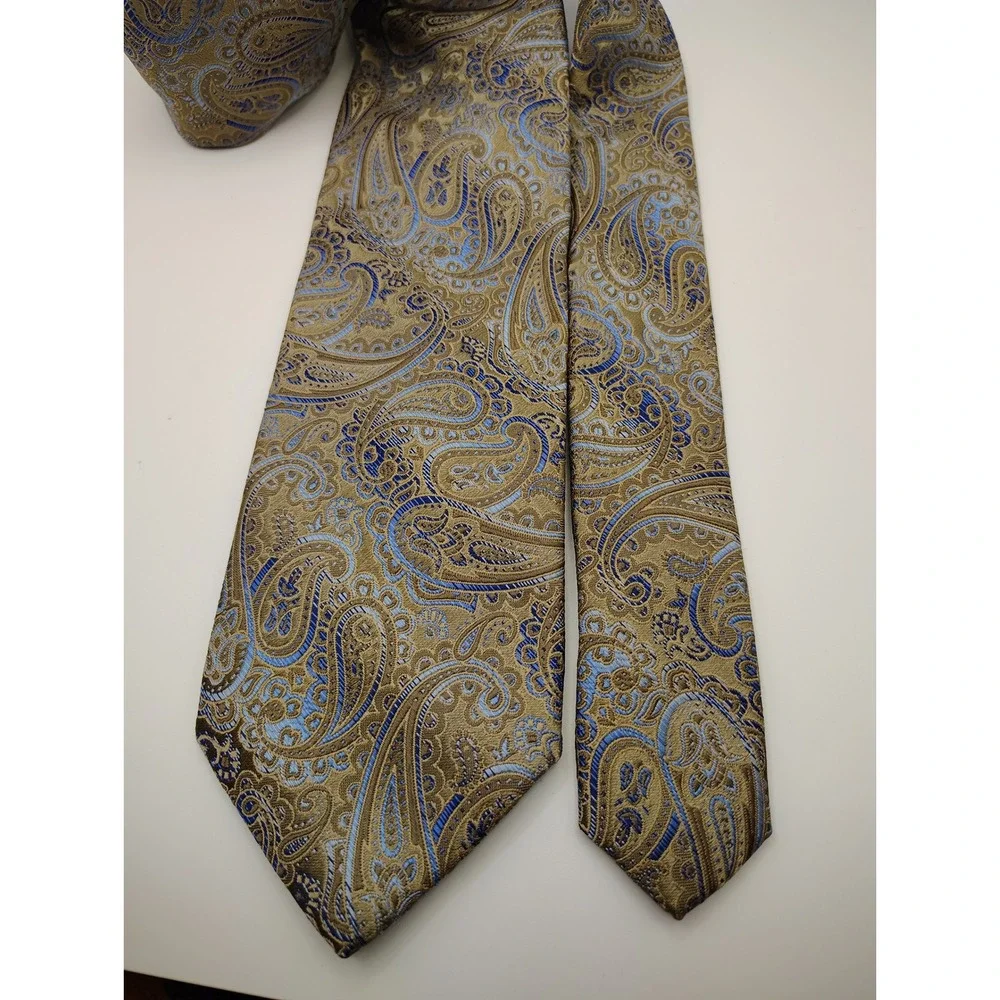 NWT Platinum‎ Designs Paisley Silk Blend Tie Gold Blue Mens Formal Business